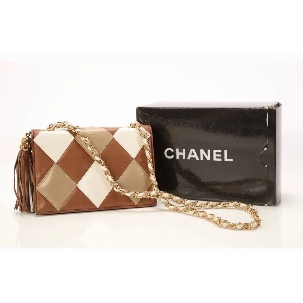 Chanel VINTAGE Arlequin Patchwork Tassel Flap Bag Brown Box Card 1-Series A1700